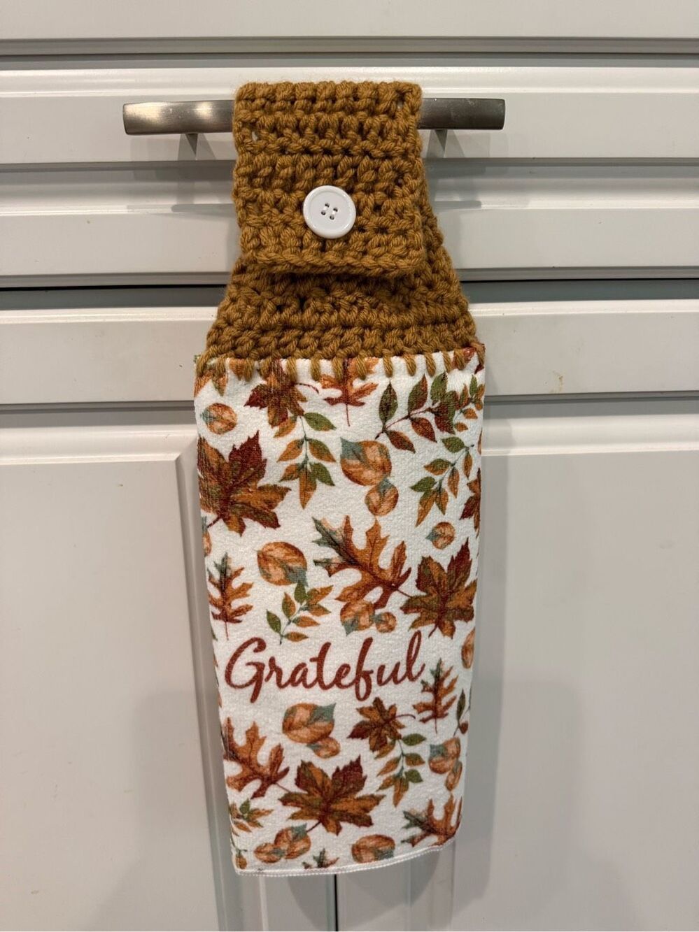 Crochet Top Kitchen Towel- Grateful fall leaves